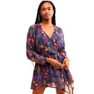 FREE PEOPLE TEEGAN MINI DRESS IN TWILIGHT COMBO  FAUX WRAP LONG SLEEVES BOHO-NEW